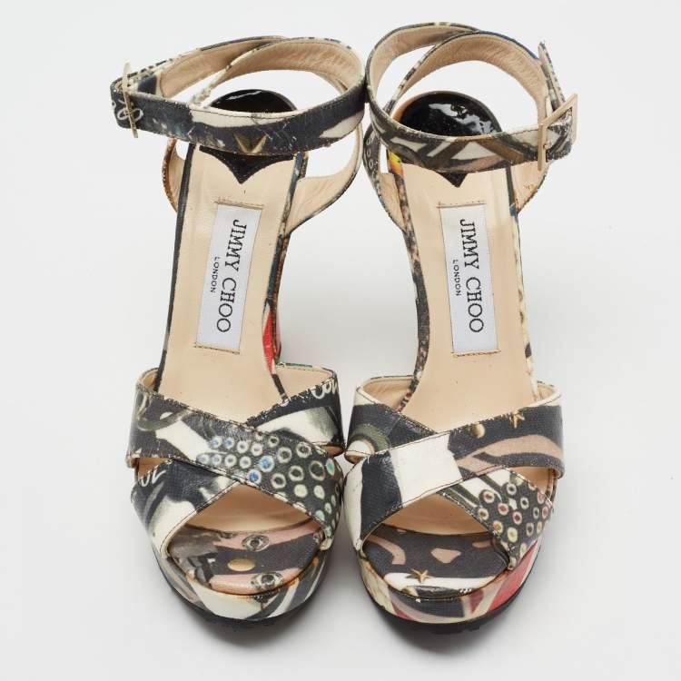 Pre Owned Jimmy Choo Multicolor Coated Canvas Platform Wedge Ankle Strap Sandals Size 37