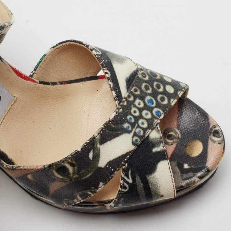 Pre Owned Jimmy Choo Multicolor Coated Canvas Platform Wedge Ankle Strap Sandals Size 37