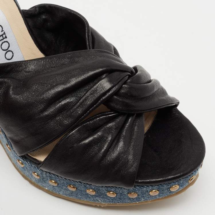 Pre Owned Jimmy Choo Black Leather Knotted Wedge Platform Sandals Size 37