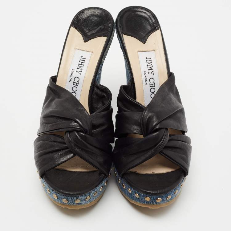 Pre Owned Jimmy Choo Black Leather Knotted Wedge Platform Sandals Size 37