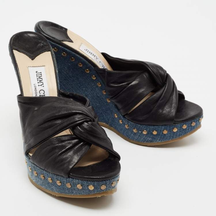 Pre Owned Jimmy Choo Black Leather Knotted Wedge Platform Sandals Size 37