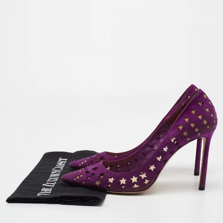 Pre Owned Jimmy Choo Purple Suede Laser Cut Star Romy Pumps Size 39.5