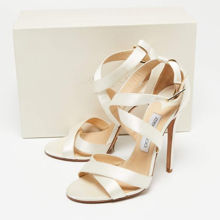 Pre Owned Jimmy Choo Off-White Satin Criss Cross Strappy Sandals Size 38