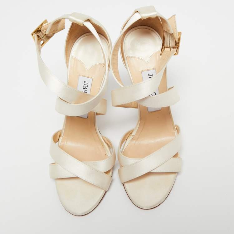 Pre Owned Jimmy Choo Off-White Satin Criss Cross Strappy Sandals Size 38