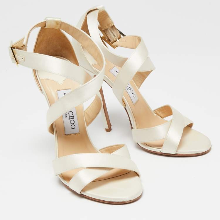 Pre Owned Jimmy Choo Off-White Satin Criss Cross Strappy Sandals Size 38