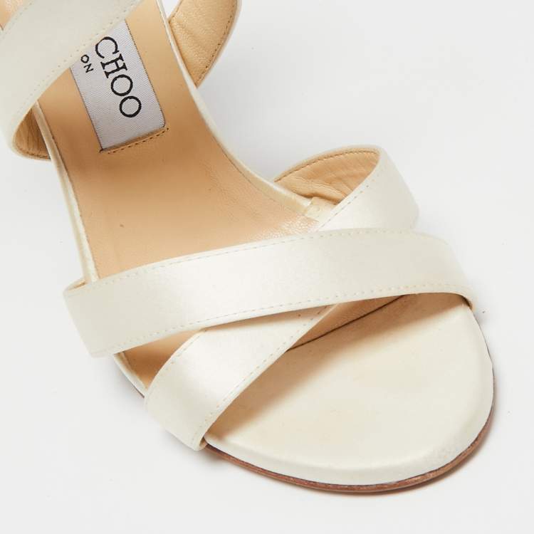 Pre Owned Jimmy Choo Off-White Satin Criss Cross Strappy Sandals Size 38