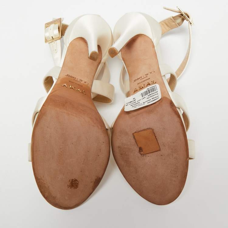 Pre Owned Jimmy Choo Off-White Satin Criss Cross Strappy Sandals Size 38
