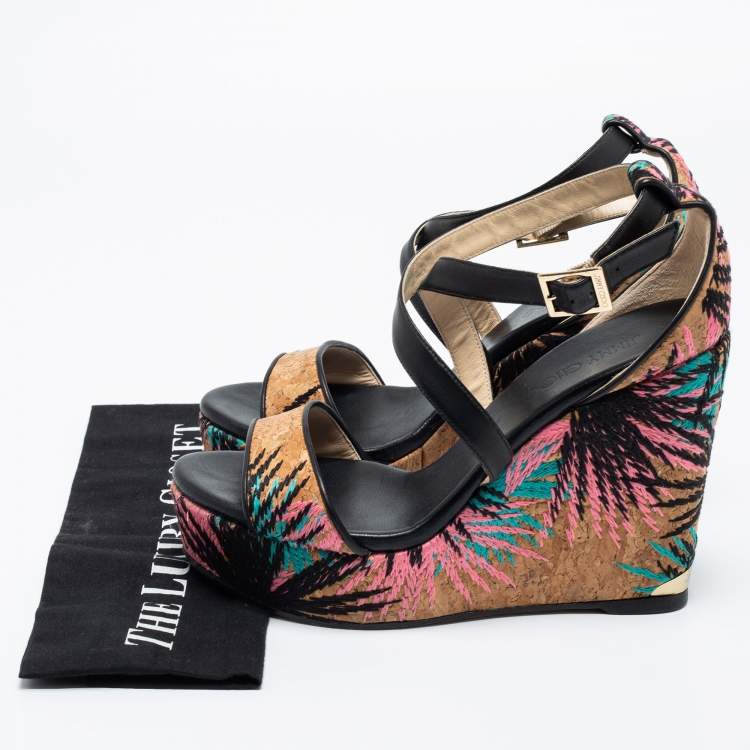 Pre Owned Jimmy Choo Black Leather and Palm Embroidered Cork Portia Wedge Sandals Size 40
