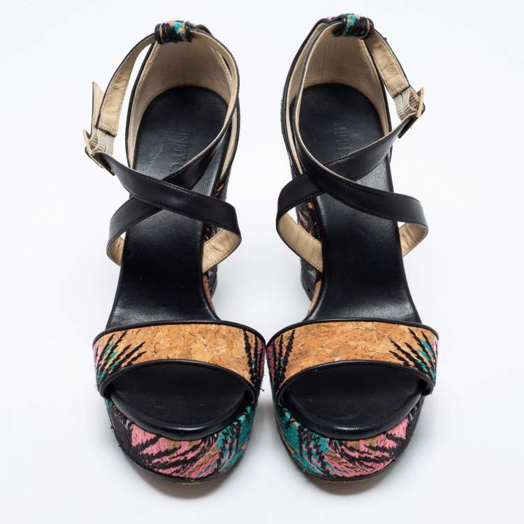 Pre Owned Jimmy Choo Black Leather and Palm Embroidered Cork Portia Wedge Sandals Size 40