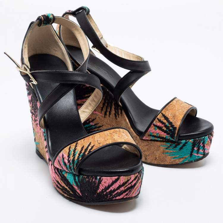Pre Owned Jimmy Choo Black Leather and Palm Embroidered Cork Portia Wedge Sandals Size 40