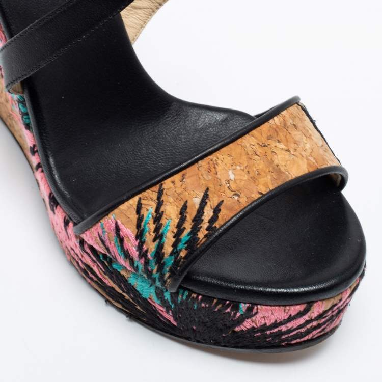 Pre Owned Jimmy Choo Black Leather and Palm Embroidered Cork Portia Wedge Sandals Size 40