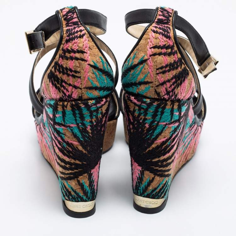 Pre Owned Jimmy Choo Black Leather and Palm Embroidered Cork Portia Wedge Sandals Size 40
