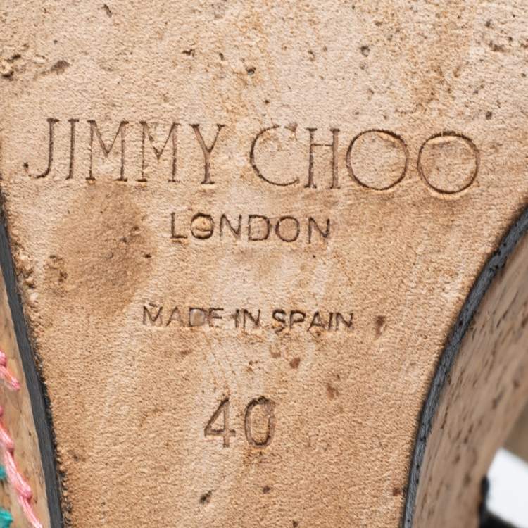 Pre Owned Jimmy Choo Black Leather and Palm Embroidered Cork Portia Wedge Sandals Size 40