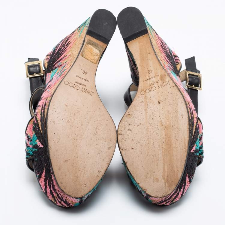 Pre Owned Jimmy Choo Black Leather and Palm Embroidered Cork Portia Wedge Sandals Size 40