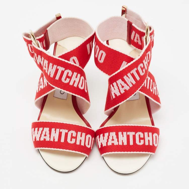 Pre Owned Jimmy Choo Red Canvas Bailey Ankle Wrap Sandals Size 35