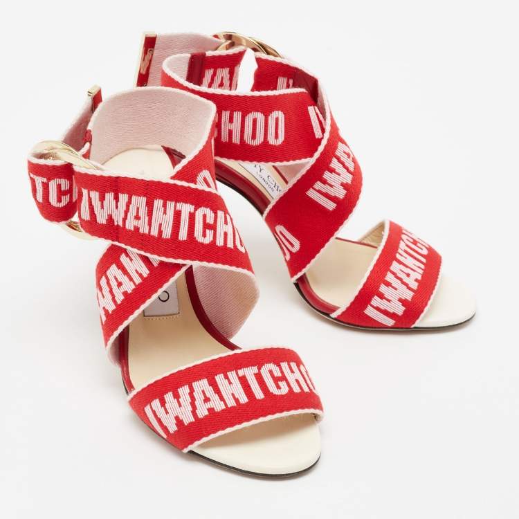 Pre Owned Jimmy Choo Red Canvas Bailey Ankle Wrap Sandals Size 35