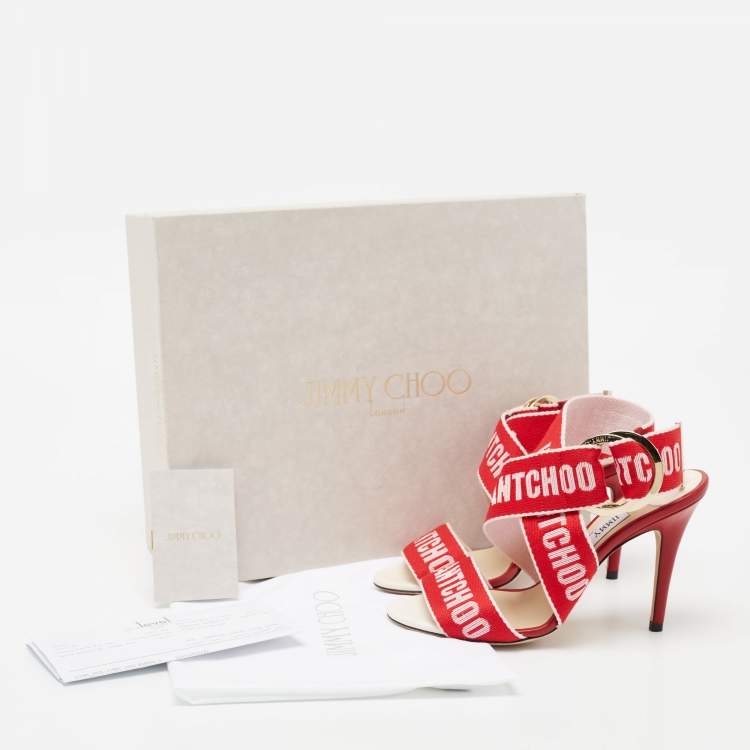 Pre Owned Jimmy Choo Red Canvas Bailey Ankle Wrap Sandals Size 35