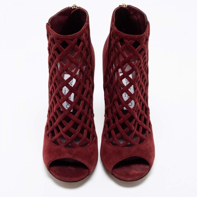 Pre Owned Jimmy Choo Burgundy Suede Drift Cut-Out Peep-Toe Ankle Booties Size 38