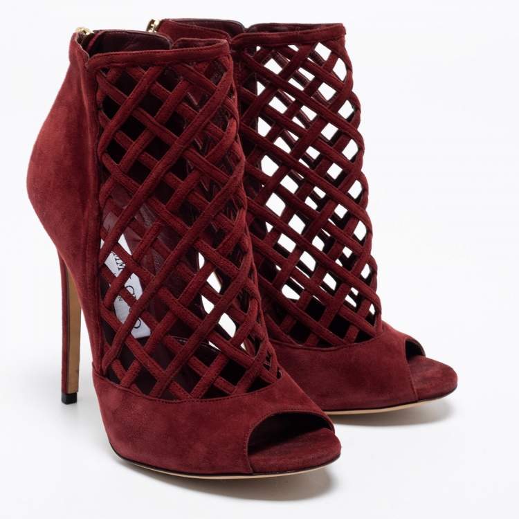 Pre Owned Jimmy Choo Burgundy Suede Drift Cut-Out Peep-Toe Ankle Booties Size 38