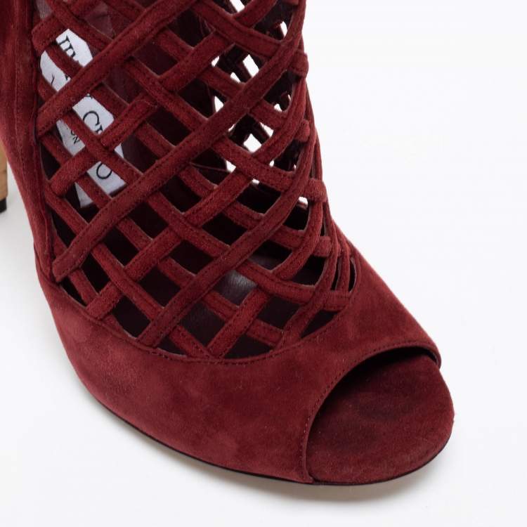 Pre Owned Jimmy Choo Burgundy Suede Drift Cut-Out Peep-Toe Ankle Booties Size 38