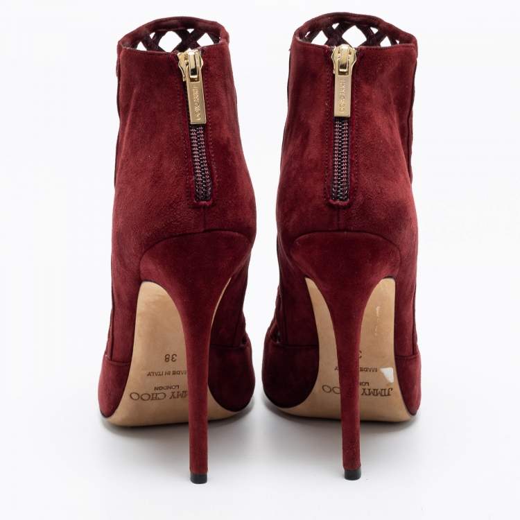 Pre Owned Jimmy Choo Burgundy Suede Drift Cut-Out Peep-Toe Ankle Booties Size 38