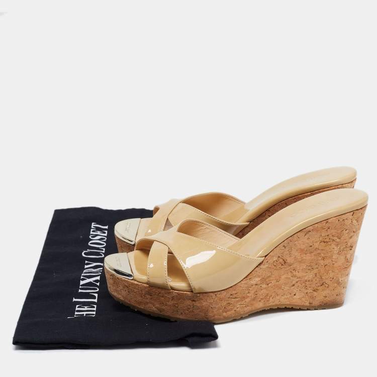 Pre Owned Jimmy Choo Beige Patent Leather  Cork Wedge Sandals Size 37.5