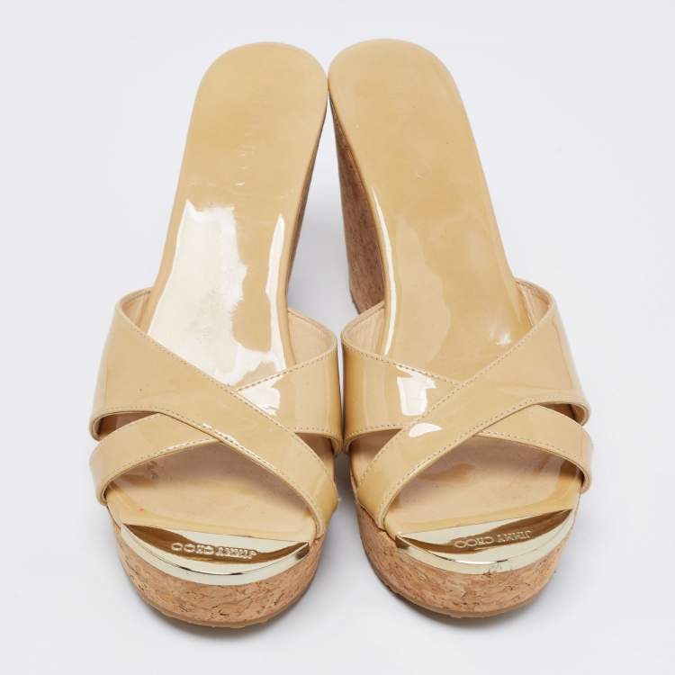 Pre Owned Jimmy Choo Beige Patent Leather  Cork Wedge Sandals Size 37.5