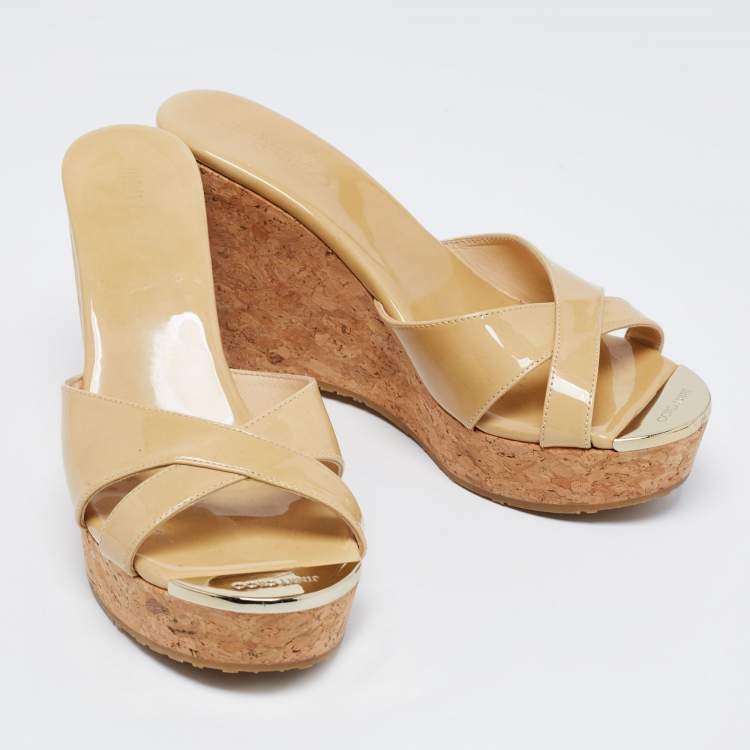 Pre Owned Jimmy Choo Beige Patent Leather  Cork Wedge Sandals Size 37.5