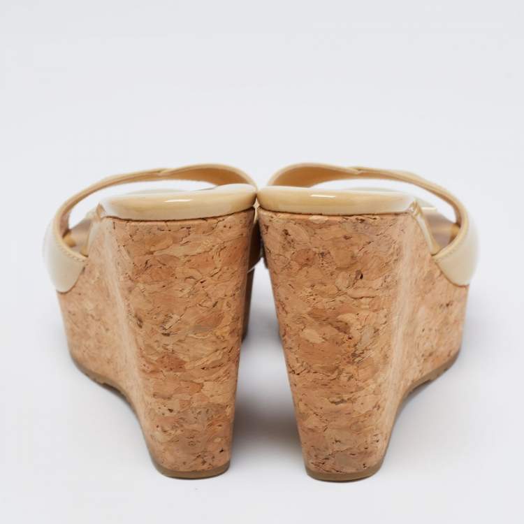 Pre Owned Jimmy Choo Beige Patent Leather  Cork Wedge Sandals Size 37.5