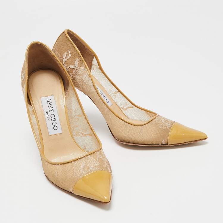 Pre Owned Jimmy Choo Beige/Yellow Lace and Patent Leather Pointed Toe Pumps Size 37