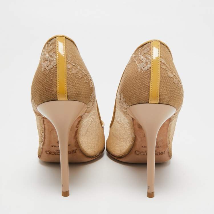 Pre Owned Jimmy Choo Beige/Yellow Lace and Patent Leather Pointed Toe Pumps Size 37