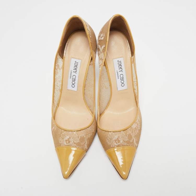 Pre Owned Jimmy Choo Beige/Yellow Lace and Patent Leather Pointed Toe Pumps Size 37