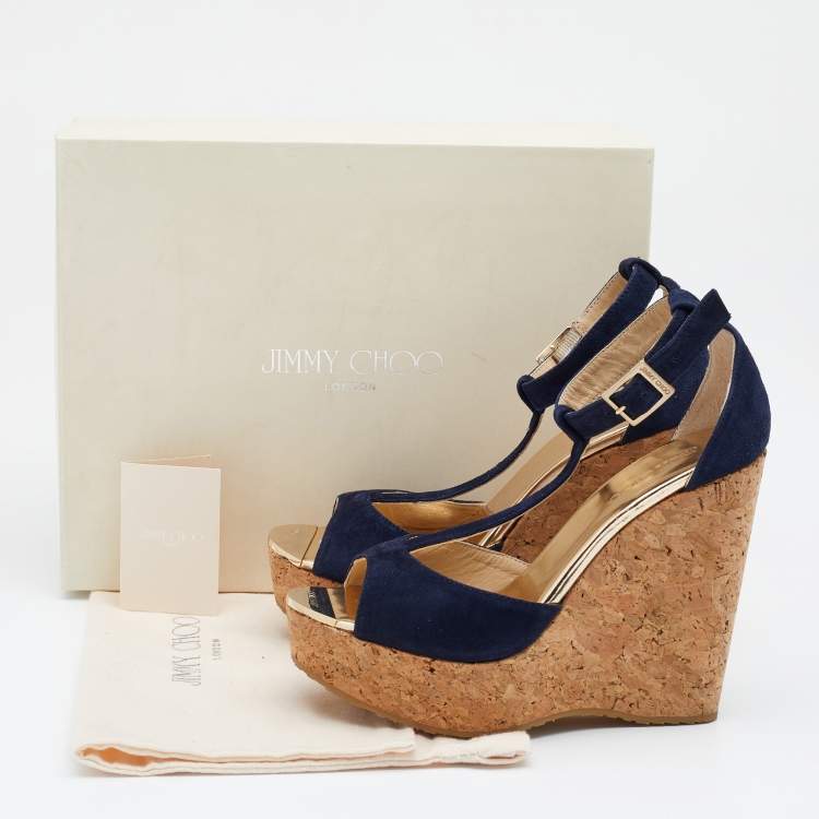 Pre Owned Jimmy Choo Navy Blue Suede Pela Cork Wedge Platform Ankle Strap Sandals Size 37