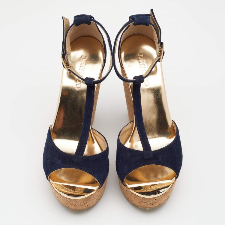 Pre Owned Jimmy Choo Navy Blue Suede Pela Cork Wedge Platform Ankle Strap Sandals Size 37