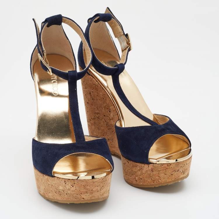Pre Owned Jimmy Choo Navy Blue Suede Pela Cork Wedge Platform Ankle Strap Sandals Size 37