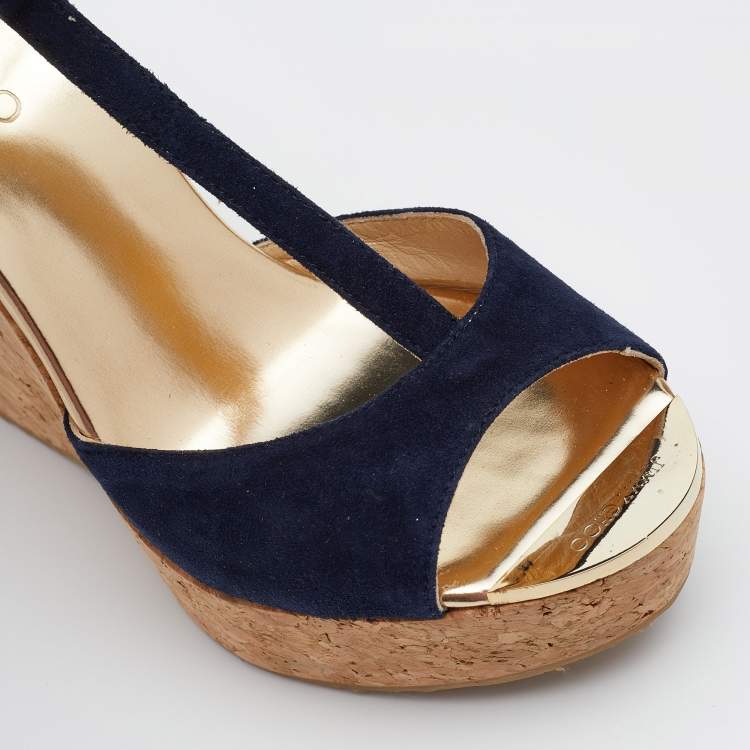 Pre Owned Jimmy Choo Navy Blue Suede Pela Cork Wedge Platform Ankle Strap Sandals Size 37