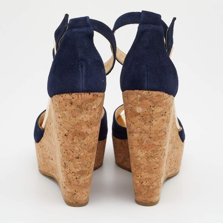 Pre Owned Jimmy Choo Navy Blue Suede Pela Cork Wedge Platform Ankle Strap Sandals Size 37