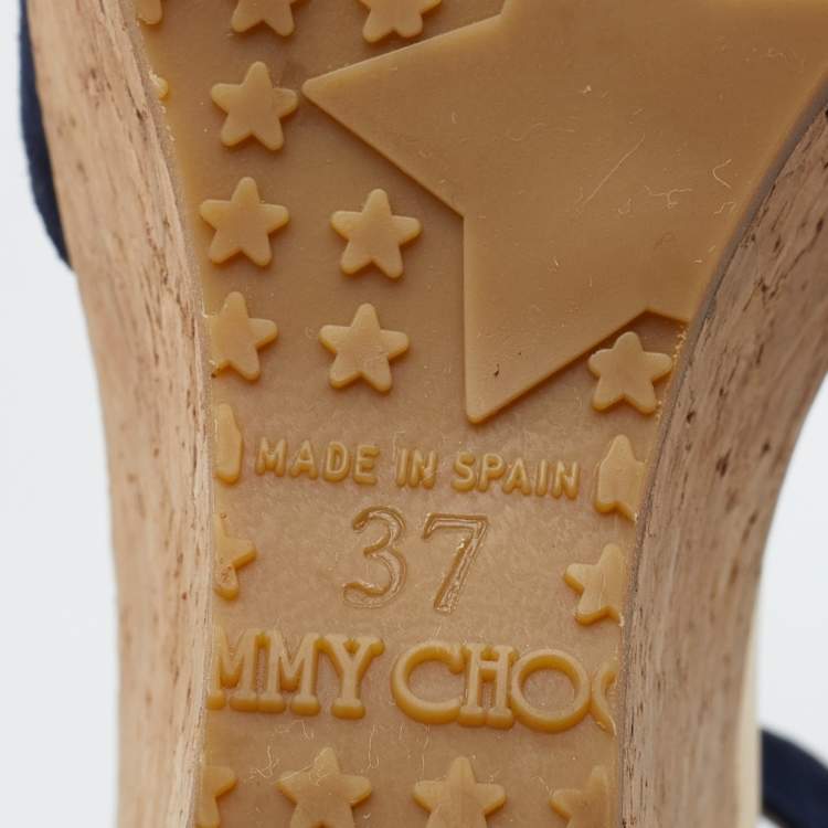 Pre Owned Jimmy Choo Navy Blue Suede Pela Cork Wedge Platform Ankle Strap Sandals Size 37