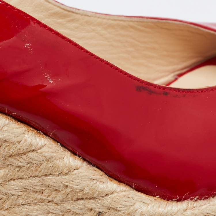 Pre Owned Jimmy Choo Red Patent Leather Espadrille Wedge Slingback Sandals Size 40