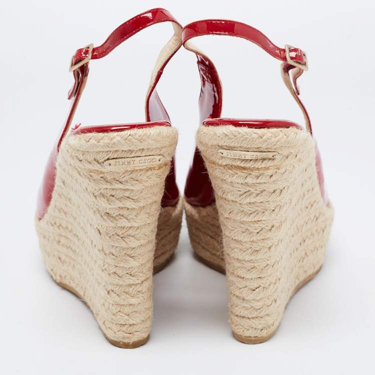 Pre Owned Jimmy Choo Red Patent Leather Espadrille Wedge Slingback Sandals Size 40