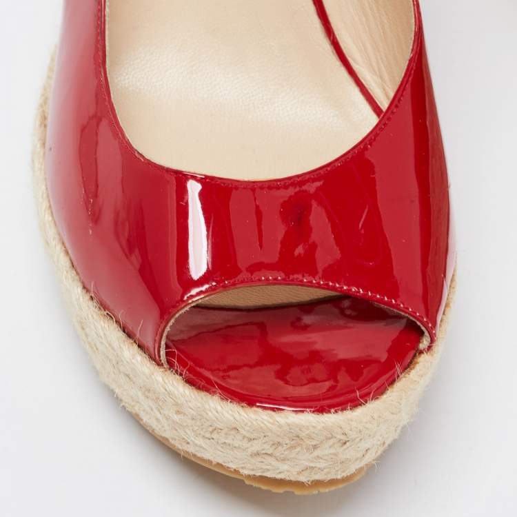 Pre Owned Jimmy Choo Red Patent Leather Espadrille Wedge Slingback Sandals Size 40