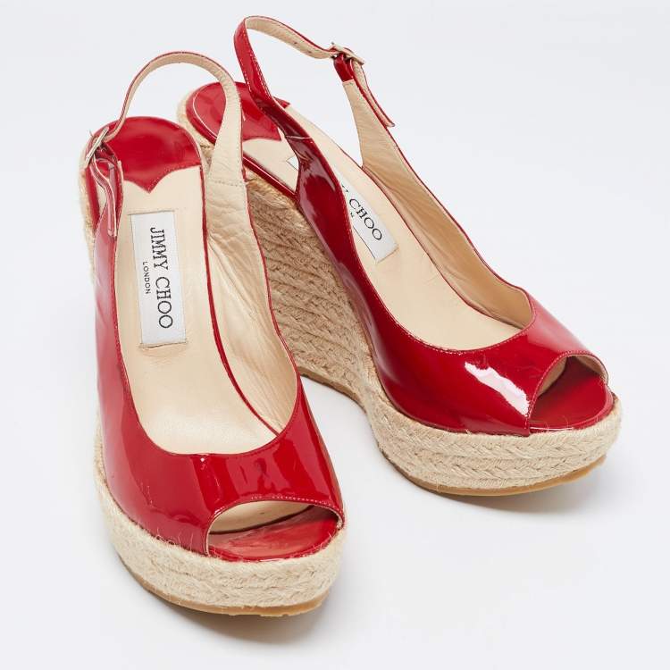 Pre Owned Jimmy Choo Red Patent Leather Espadrille Wedge Slingback Sandals Size 40