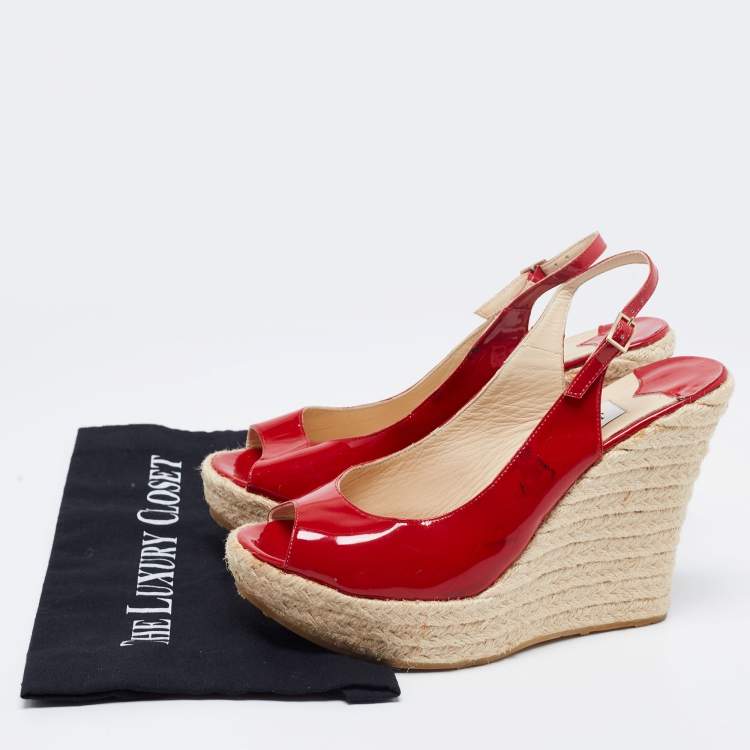 Pre Owned Jimmy Choo Red Patent Leather Espadrille Wedge Slingback Sandals Size 40