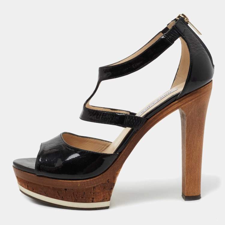 Pre Owned Jimmy Choo Black Patent Leather Ankle Strap Platform Sandals Size 39.5
