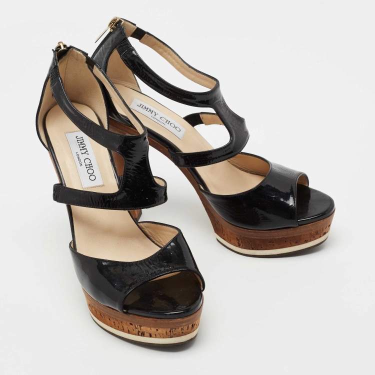 Pre Owned Jimmy Choo Black Patent Leather Ankle Strap Platform Sandals Size 39.5