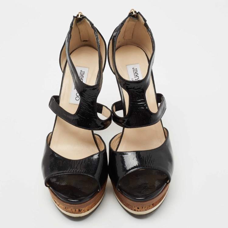Pre Owned Jimmy Choo Black Patent Leather Ankle Strap Platform Sandals Size 39.5