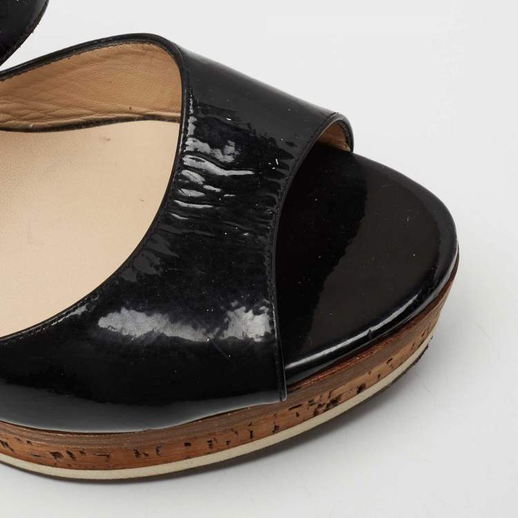 Pre Owned Jimmy Choo Black Patent Leather Ankle Strap Platform Sandals Size 39.5