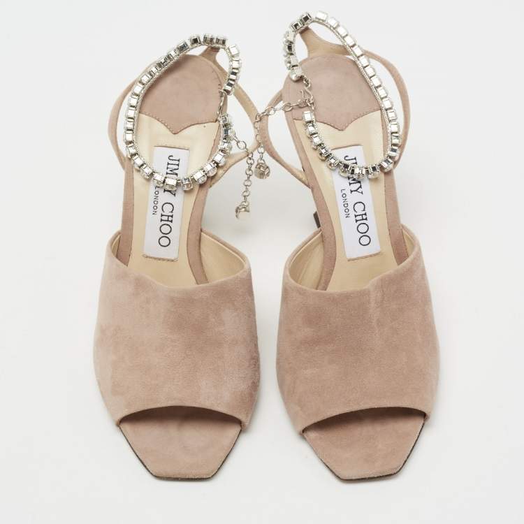 مملوكة مسبقًا Jimmy Choo Dusty Pink Suede Sae Crystal Embellished Ankle Chain Sandals Size 36