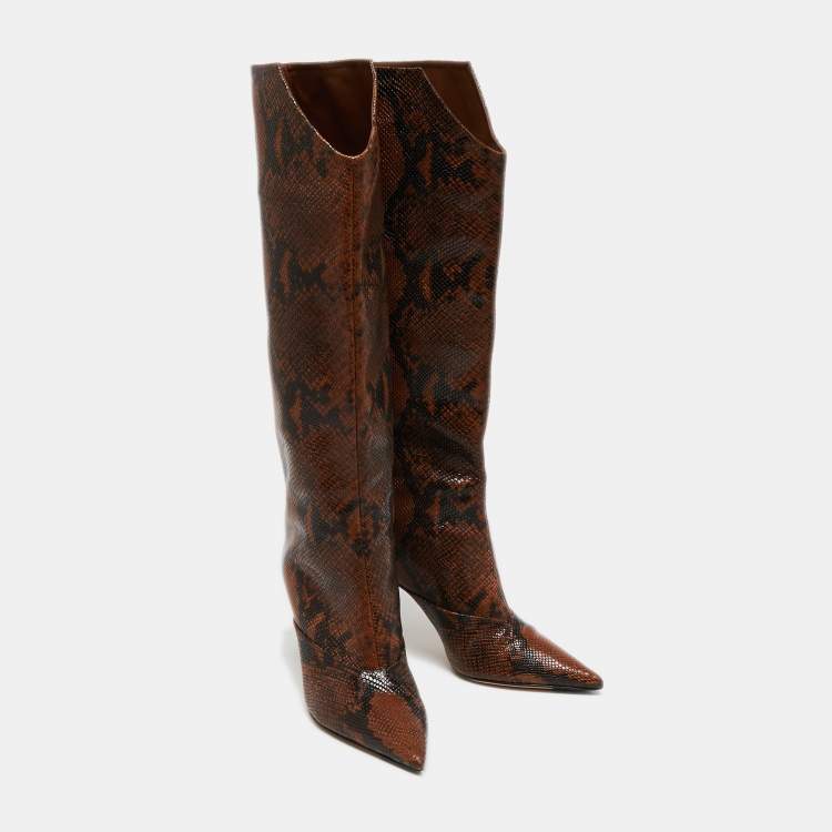 Pre Owned Jimmy Choo Brown Python Embossed Leather Knee Length Boots Size 35