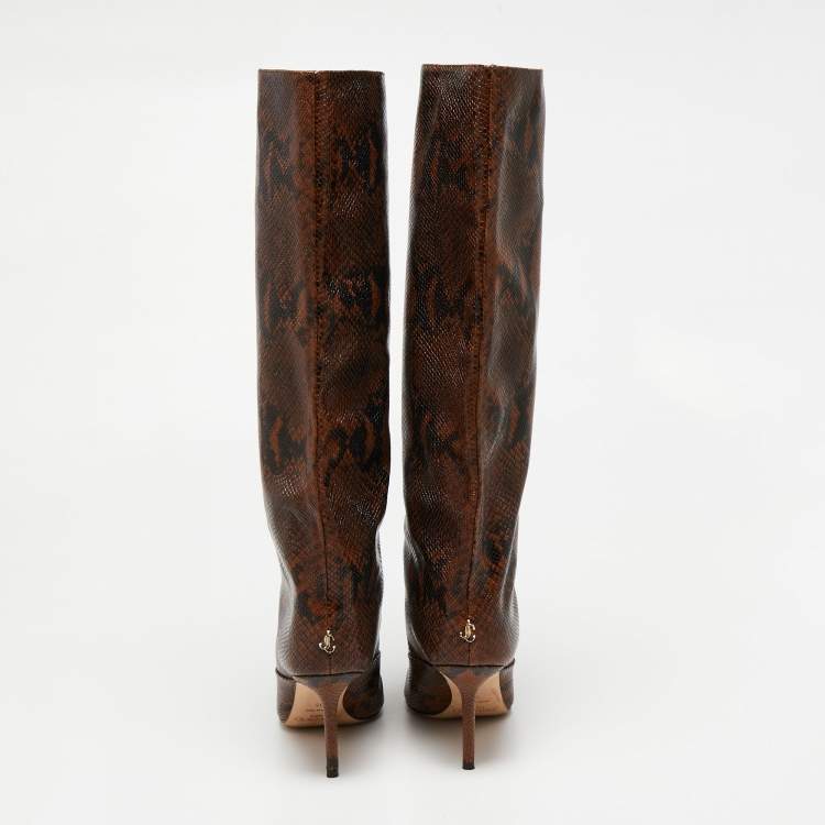 Pre Owned Jimmy Choo Brown Python Embossed Leather Knee Length Boots Size 35
